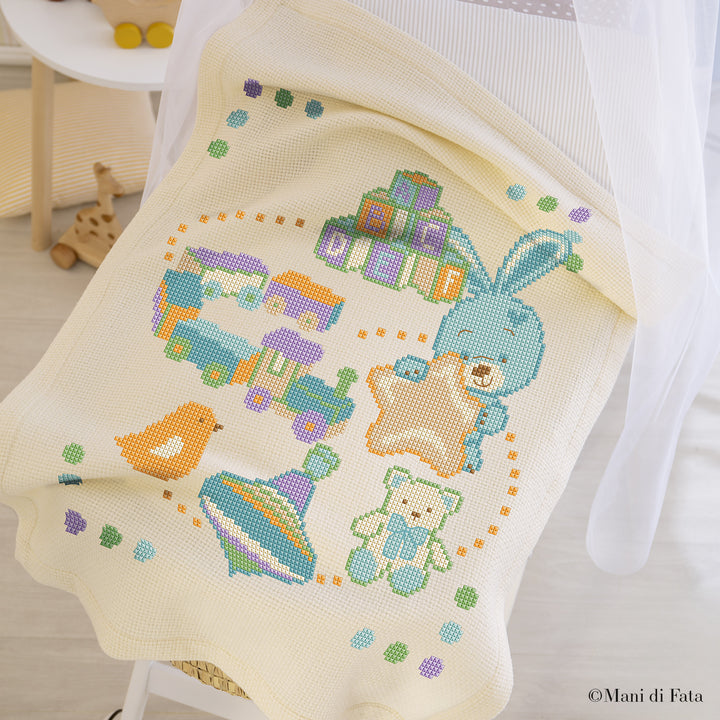 Kit copertina culla ricamo a punto croce bimbo Giochi e coniglietto