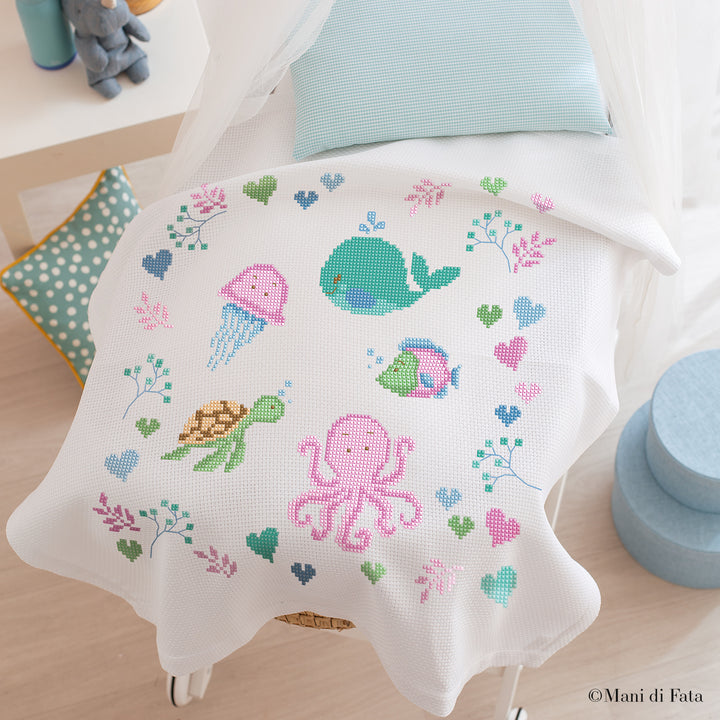 Kit copertina culla cotone bianco Mare e cuoricini