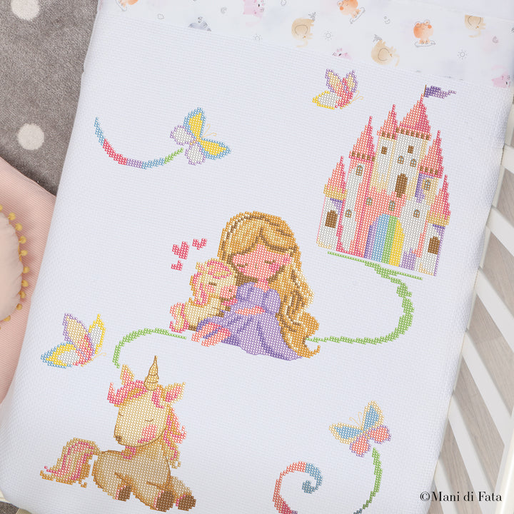 Kit copertina lettino cotone bianco Principessa Unicorno