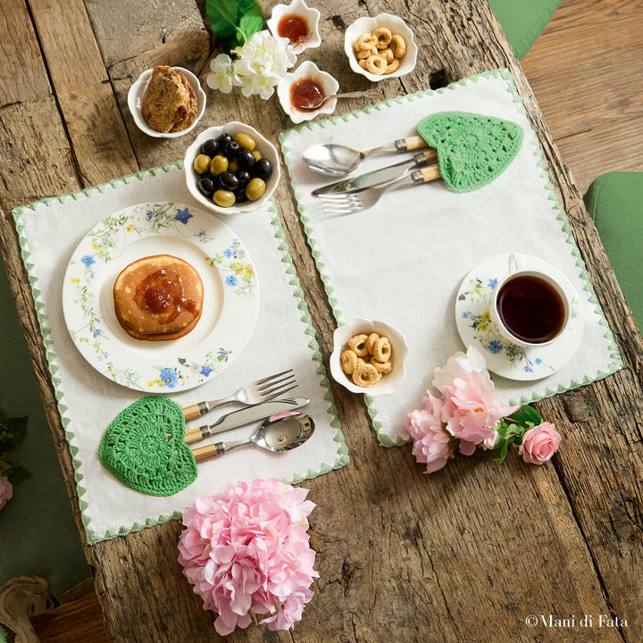 Kit coppia di tovagliette americane in lino Cuore a uncinetto