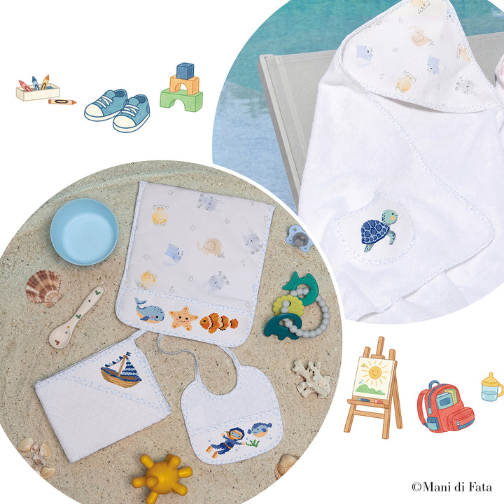Kit triangolo+bustina con bavetta e asciughino celeste Mondo Marino punto croce