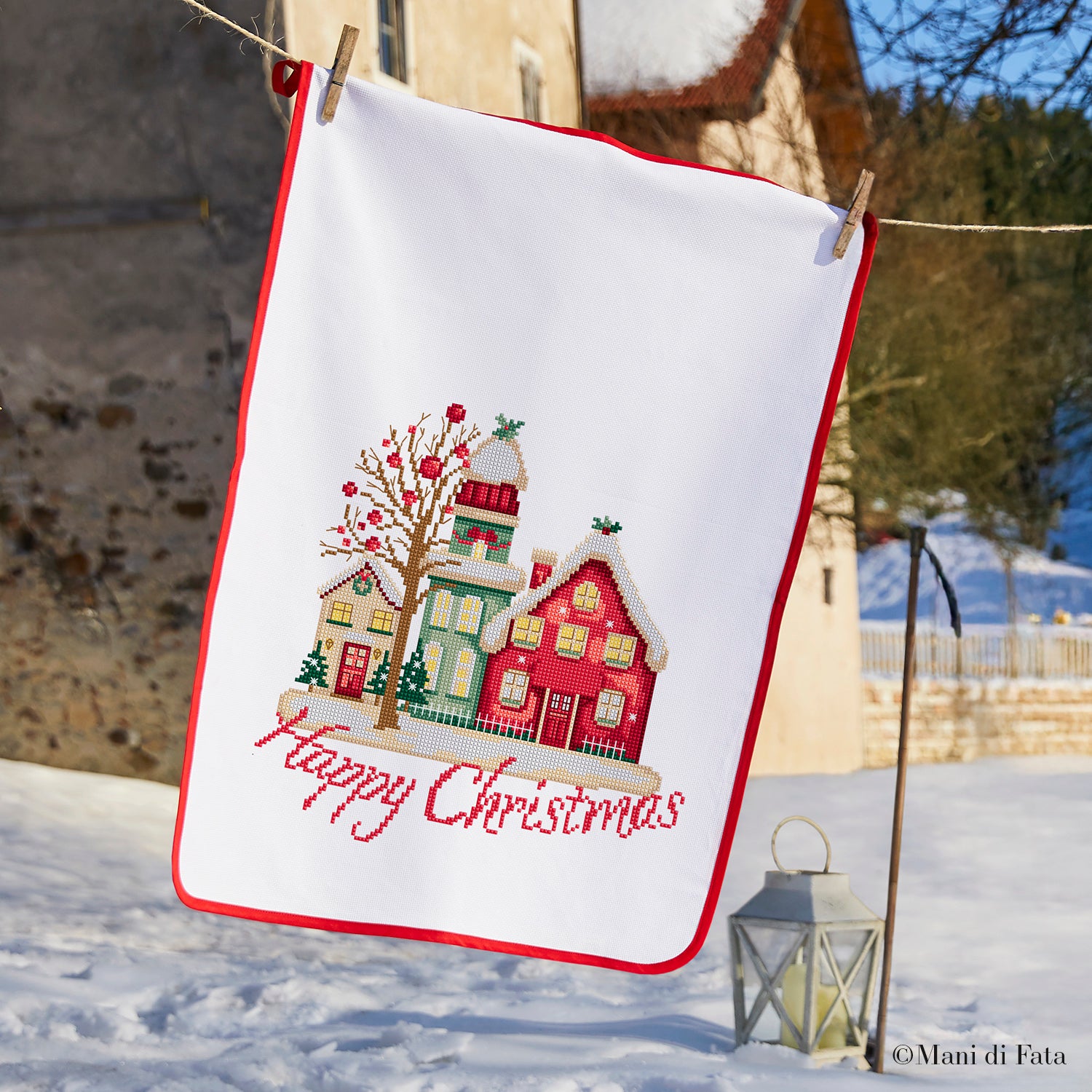 Kit asciugapiatti da ricamare a punto croce 'Paesaggio innevato' 