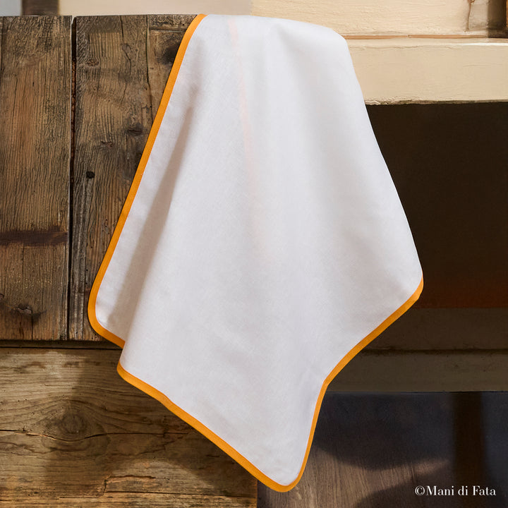 Strofinaccio in misto lino bianco bordato in sbieco giallo