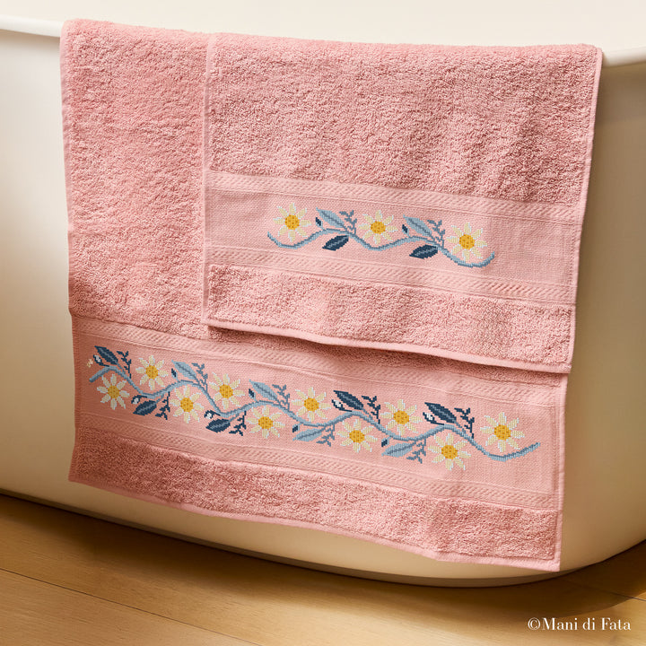 Kit parure spugna greca rosa Bordura Floreale ricamo punto croce