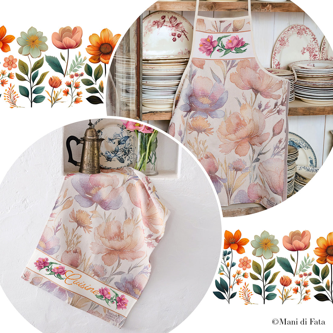 kit asciugapiatti e grembiule  jaquard Peonie ricamo punto croce
