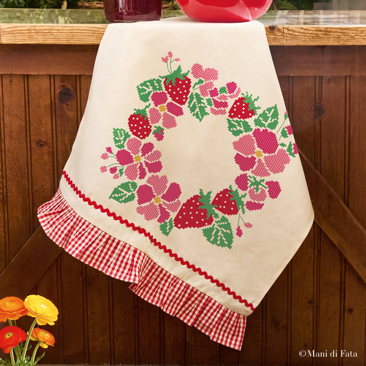 Kit asciugapiatti Ghirlanda di fragole ricamo punto croce
