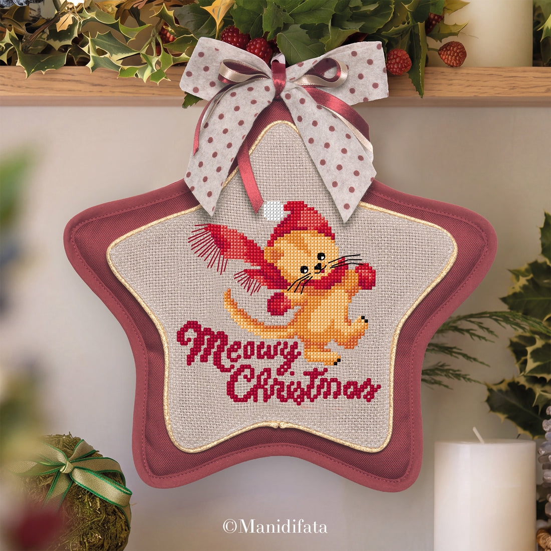 Kit stella natalizia Gattino "Meowy Christmas" ricamo punto croce