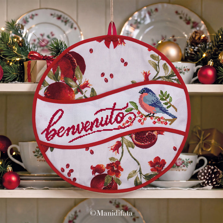 Kit fuoriporta palla melograno  Pettirosso e Benvenuto ricamo punto croce