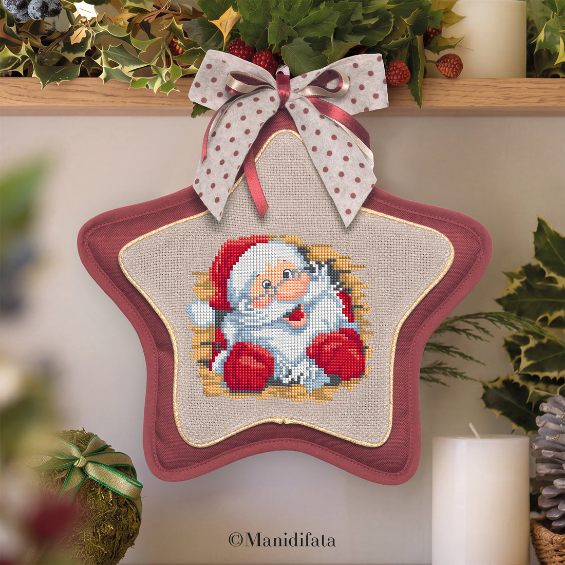 Kit fuoriporta stella bordeaux Babbo Natale ricamo punto croce