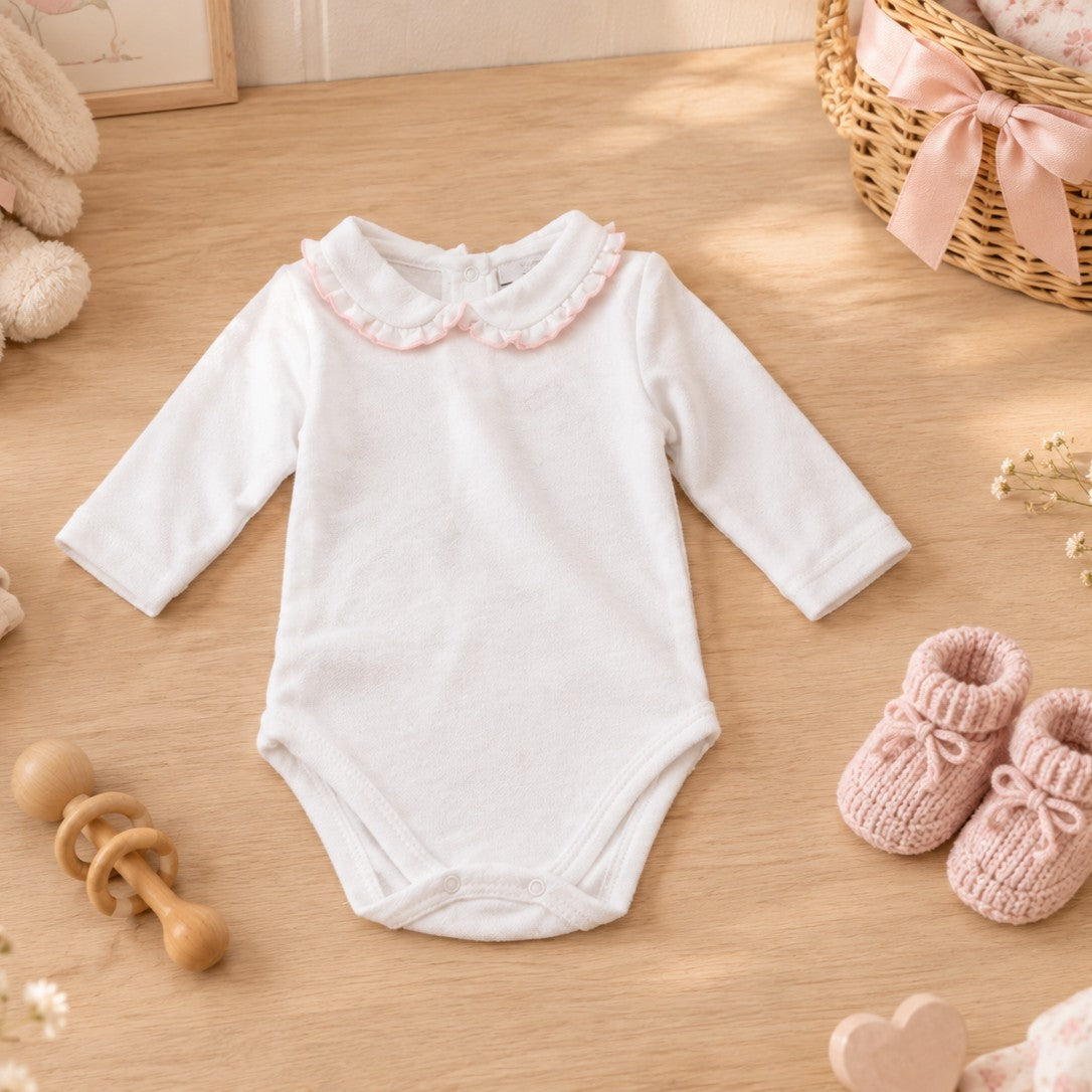 Body camicia manica lunga con rouche profilo rosa