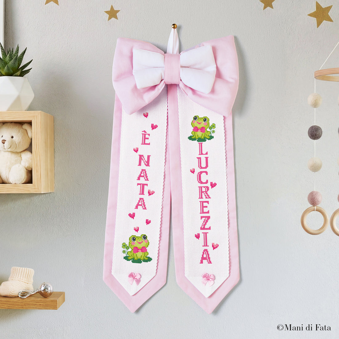  Kit fiocco cocche piquet rosa Ranocchie ricamo punto croce