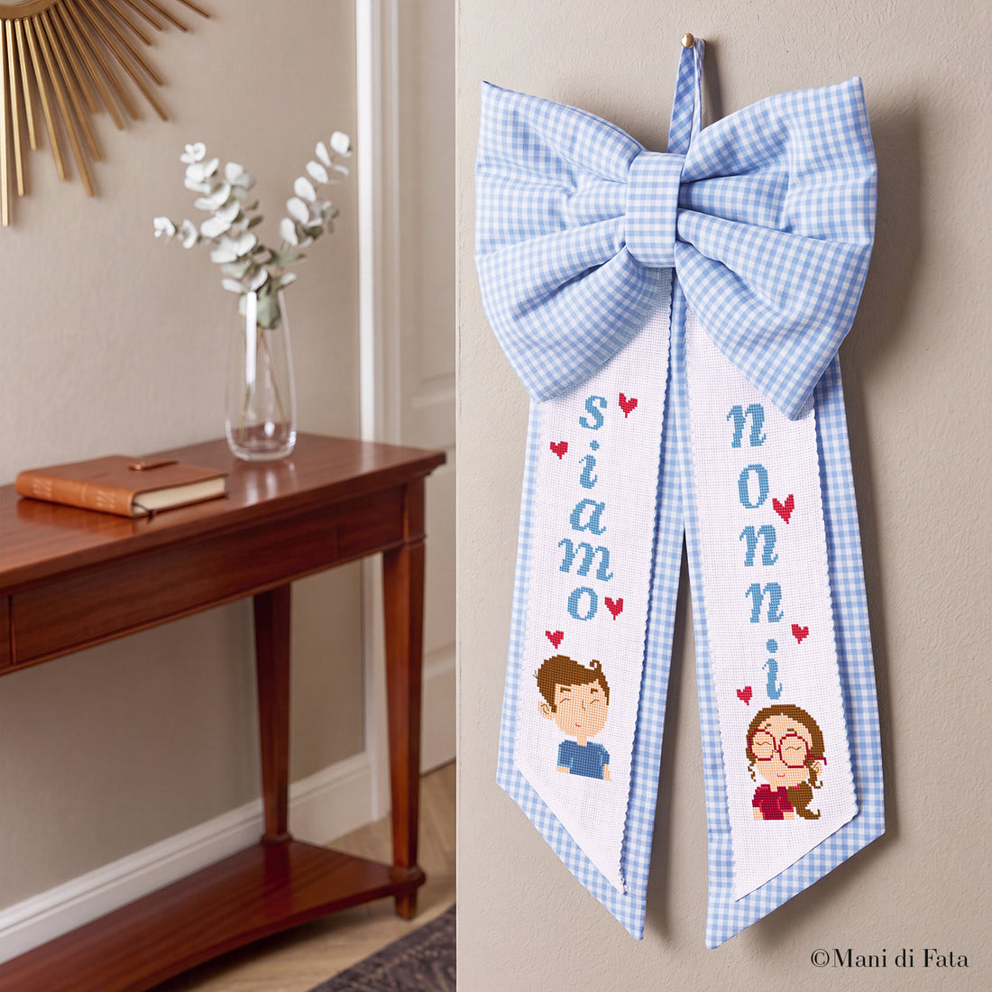 Kit fiocco cocche vichy azzurro Nonni ricamo punto croce