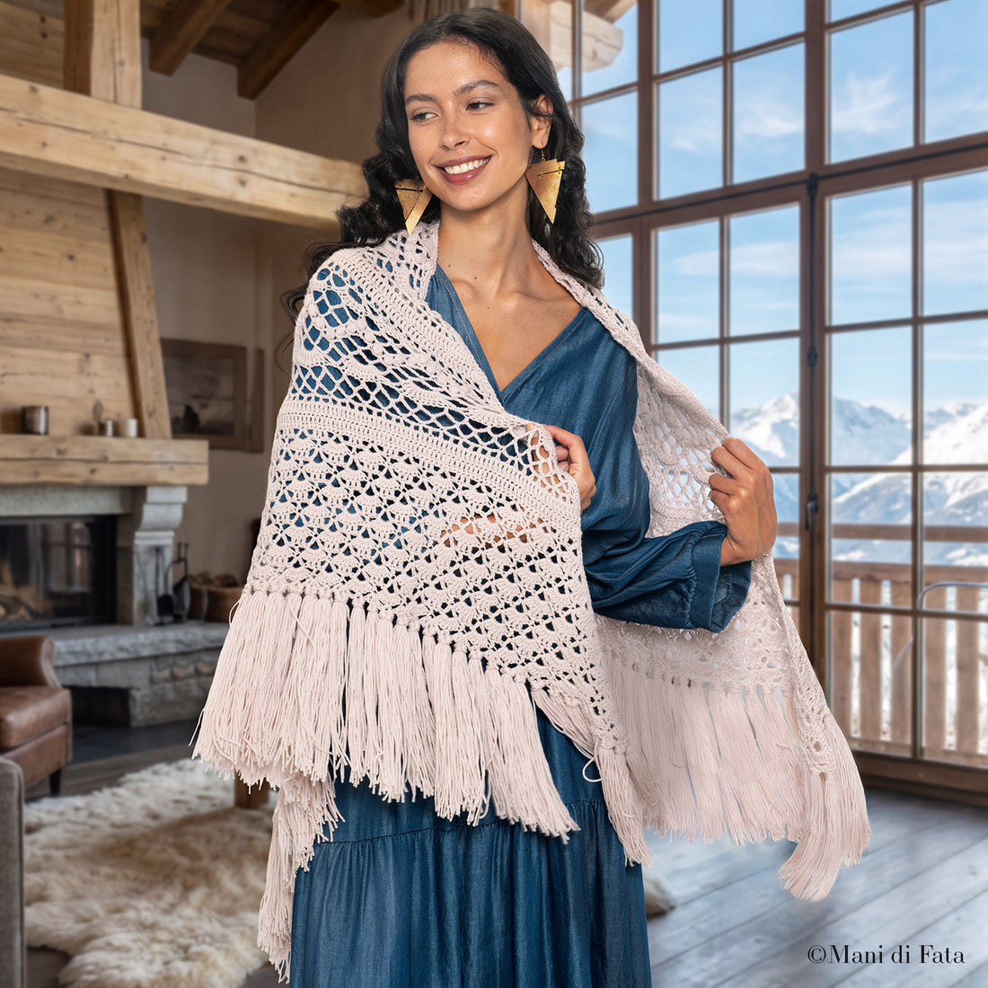 Kit scialle pizzo a uncinetto con frange