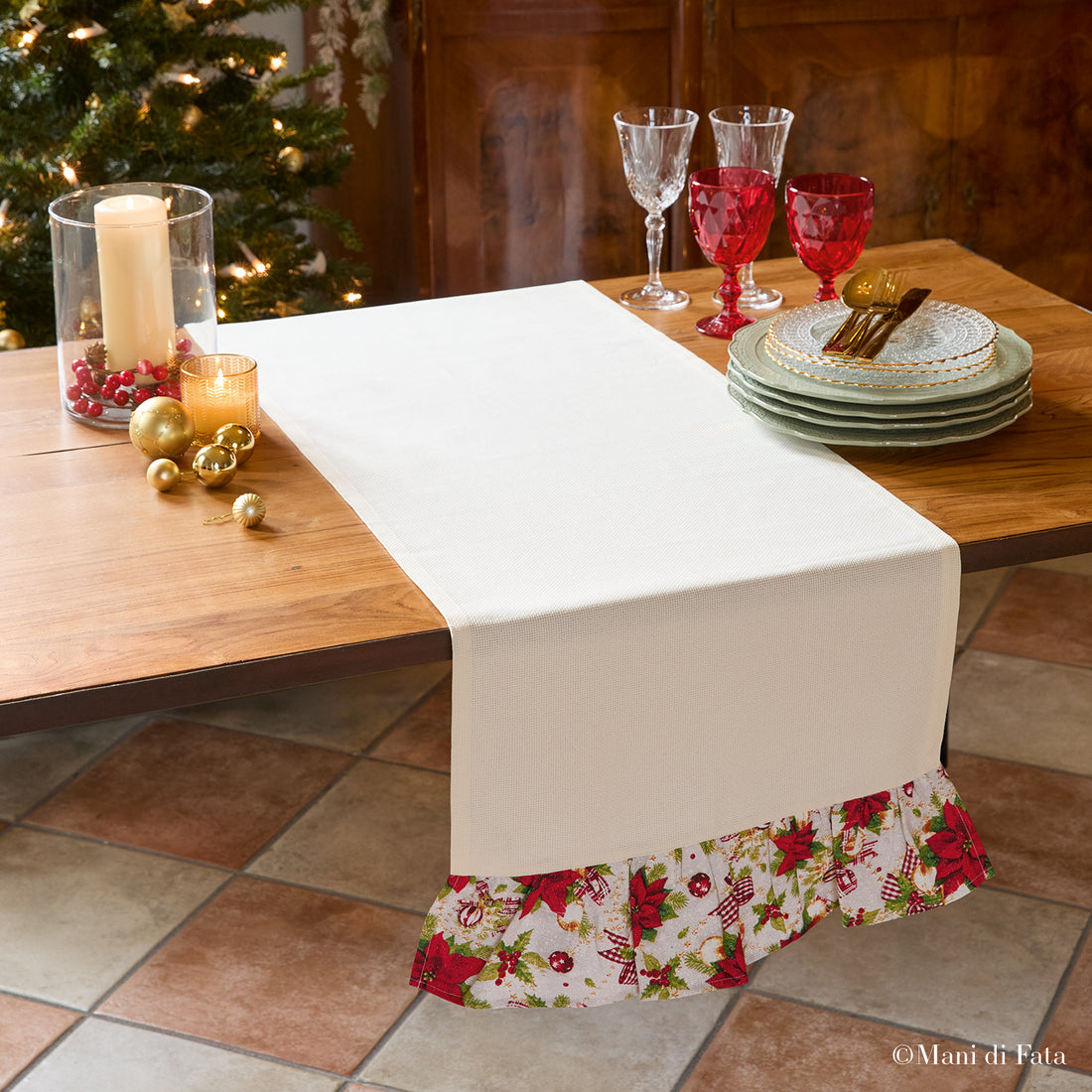 Runner in tela aida con rouches tessuto Stelle di Natale