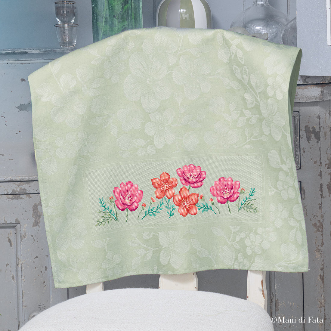 Kit asciugapiatti verde Peonie e Ninfee ricamo a punto croce