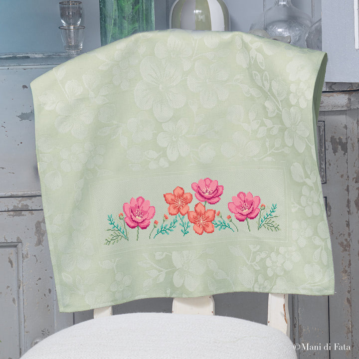Kit asciugapiatti verde Peonie e Ninfee ricamo a punto croce