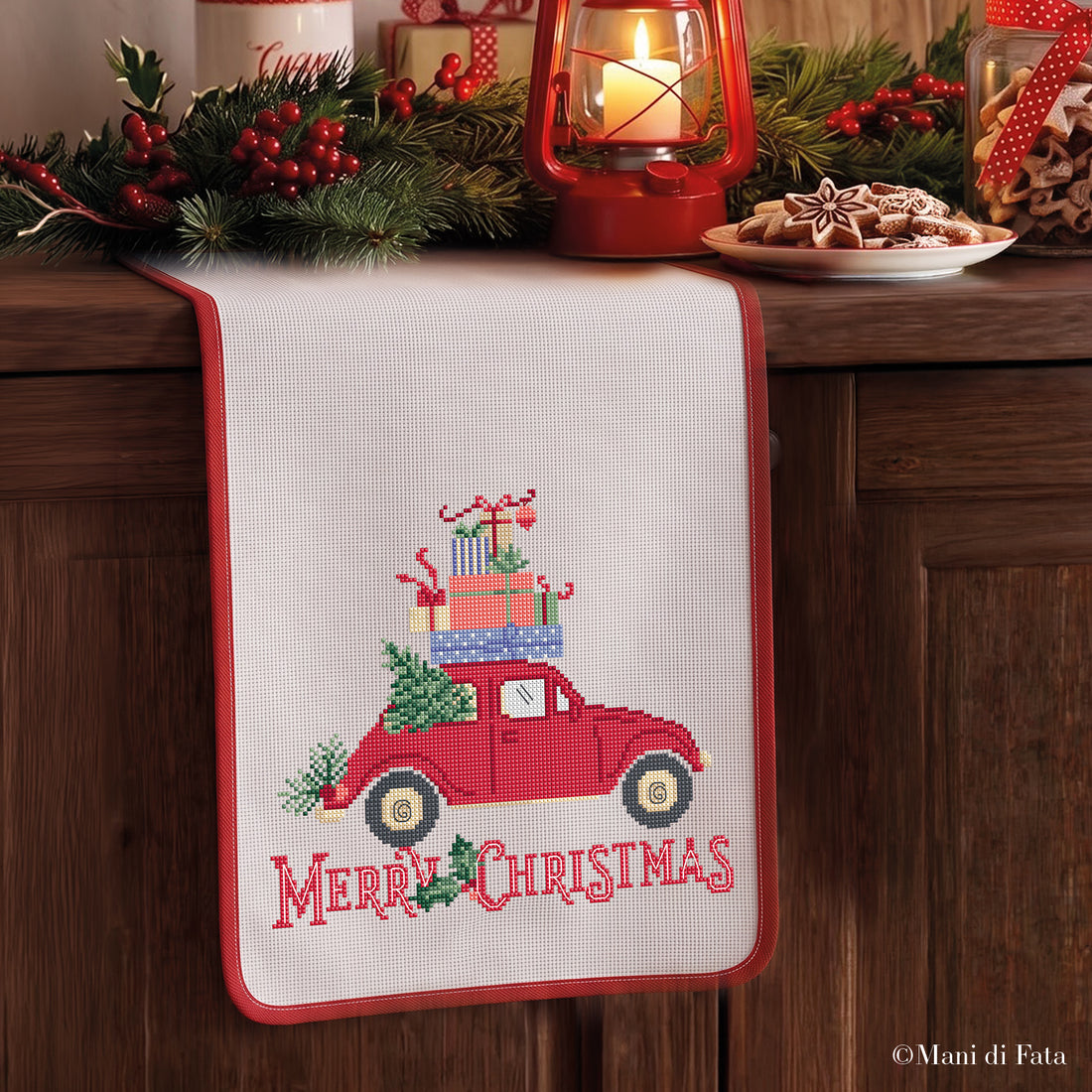 Kit asciugapiatti sbieco rosso Merry Christmas e Auto Vintage punto croce
