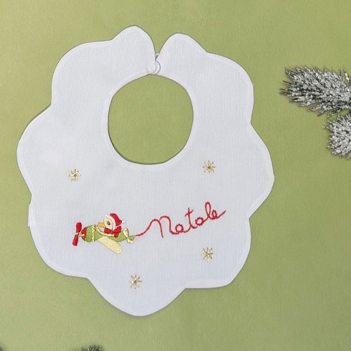 Bavaglino in cotone ricamo a mano primo Natale aeroplano