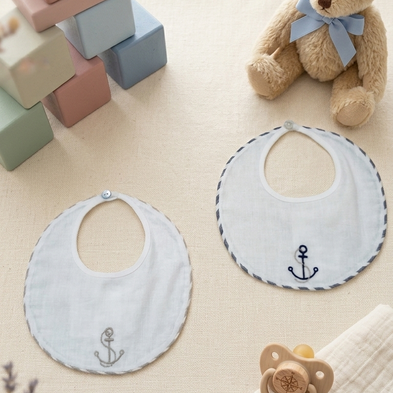 Bavaglino rotondo in misto lino Ancora