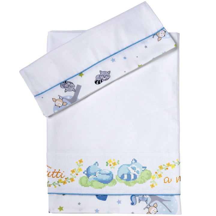 Kit lenzuolino celeste Amici del bosco ricamo punto croce