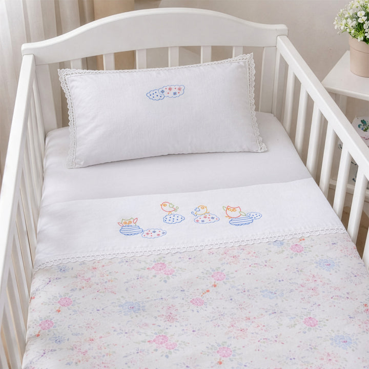 Lenzuolino lettino in cotone Pulcini e Gufetti ricamo a mano