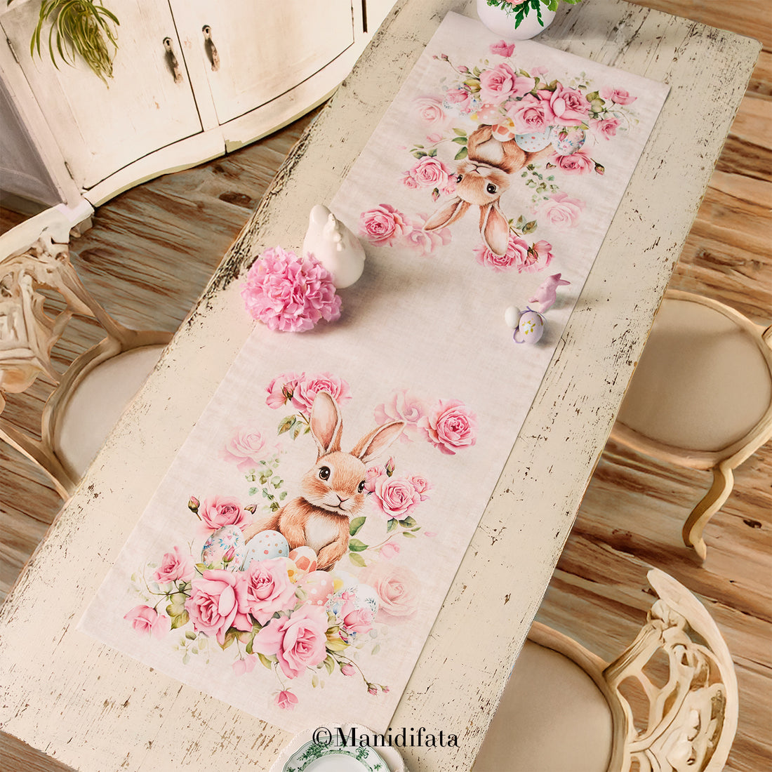 Runner da tavola in cotone Coniglietti e Rose