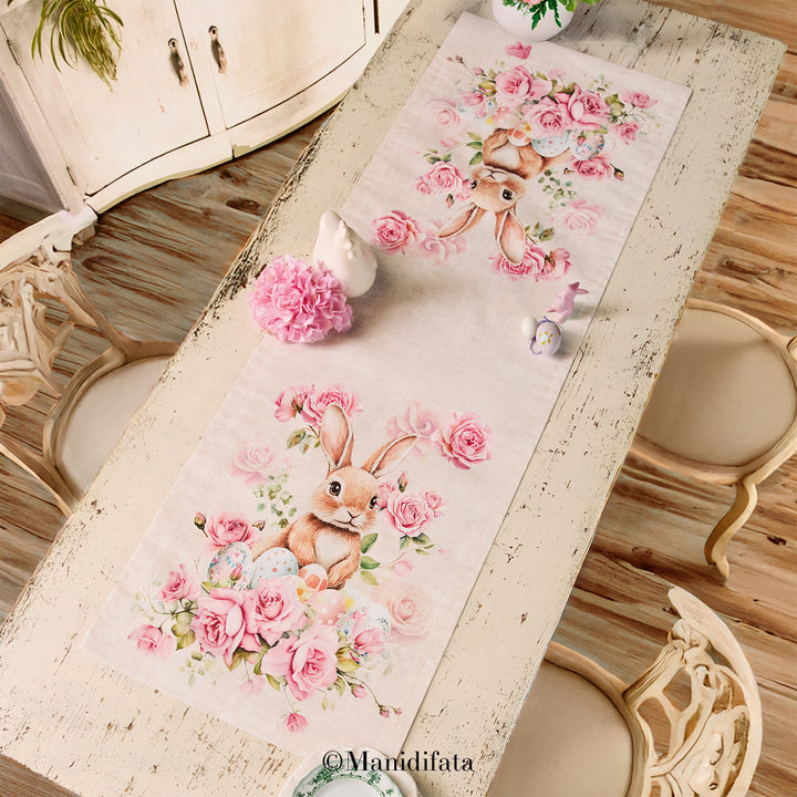 Runner da tavola in cotone Coniglietti e Rose