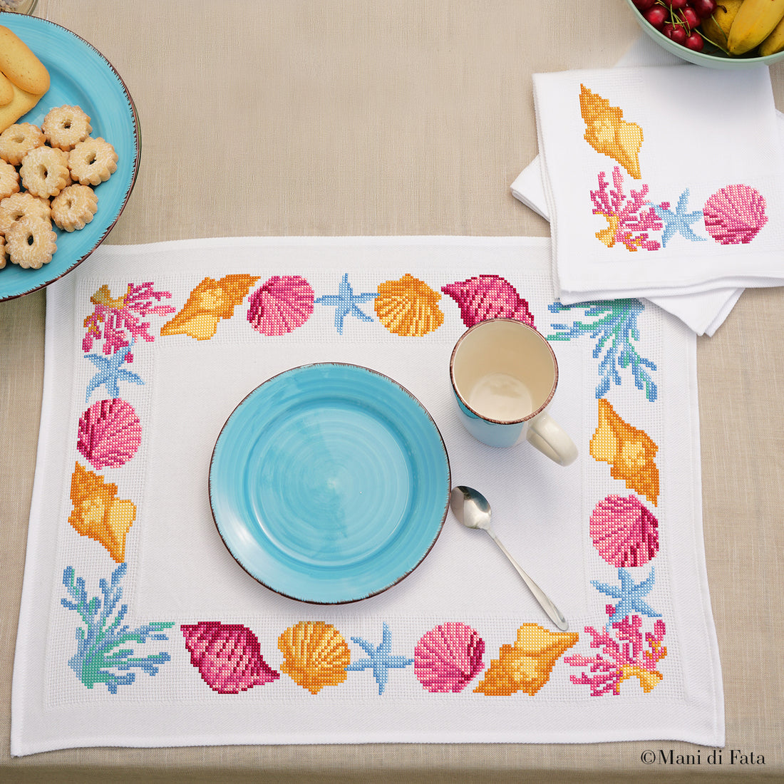 Kit 1 americano con tovagliolo Conchiglie e Coralli ricamo punto croce