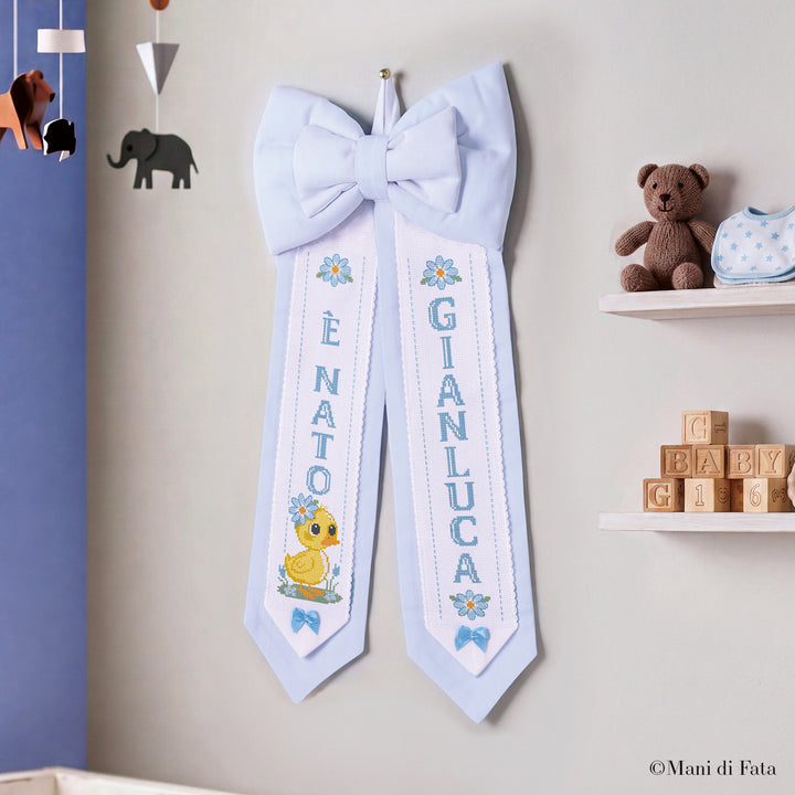 Kit fiocco cocche piquet azzurro Paperotto ricamo punto croce
