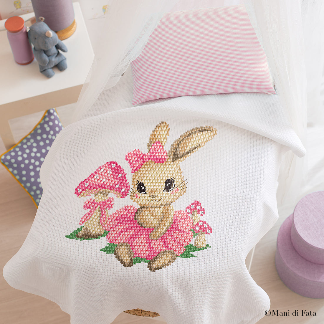 Kit copertina culla cotone bianca Coniglio Rosa