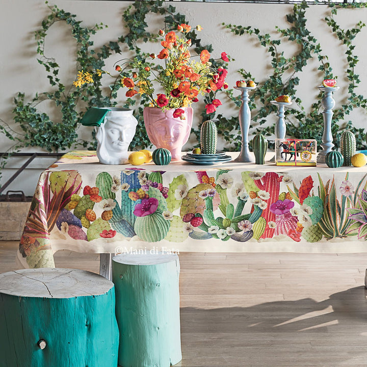 Tovaglia rettangolare da 12 posti in lino stampato 'Kactus'
