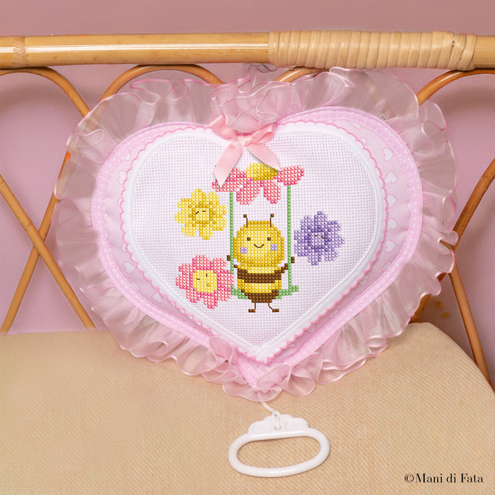 Kit fiocco nascita cuore rosa con carillon ricamo punto croce