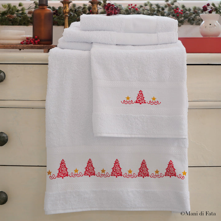 Kit parure spugna bianca Alberi di Natale stilizzati ricamo punto croce 