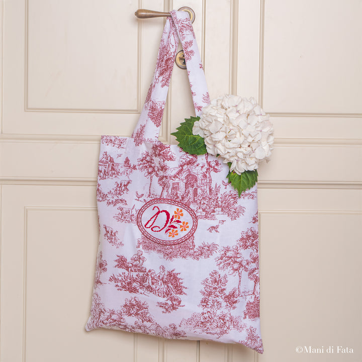 Kit borsa in toile de jouy rosso con inserto in tela aida
