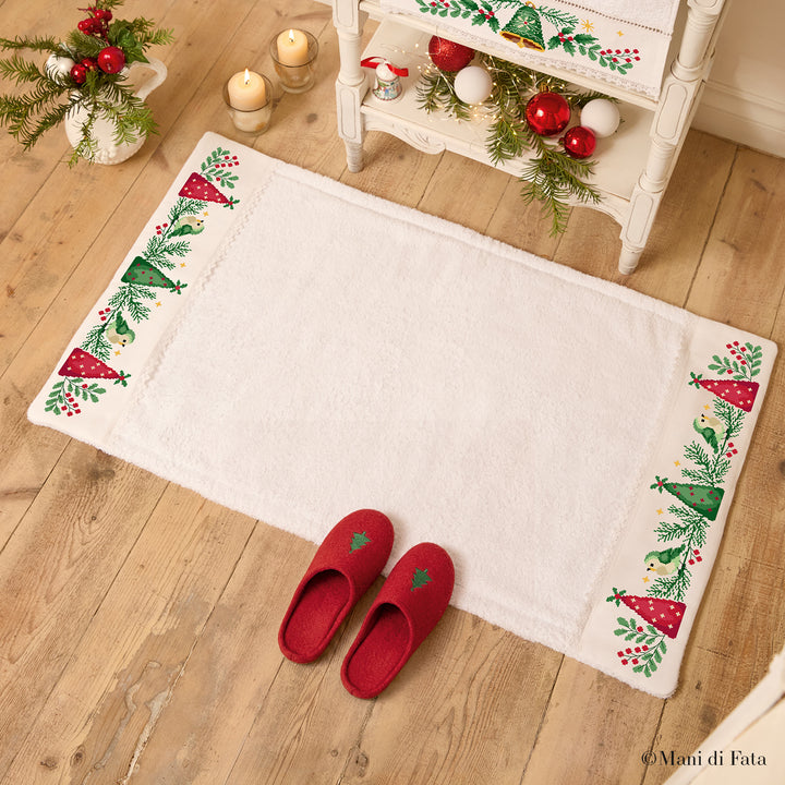 Kit tappeto bianco con pizzo Uccellini Natalizi ricamo punto croce