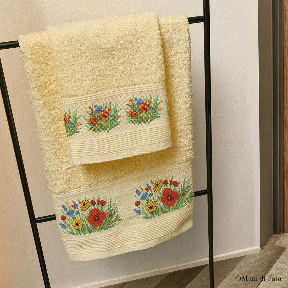 Kit parure spugna burano gialla Fiori di campo ricamo punto croce