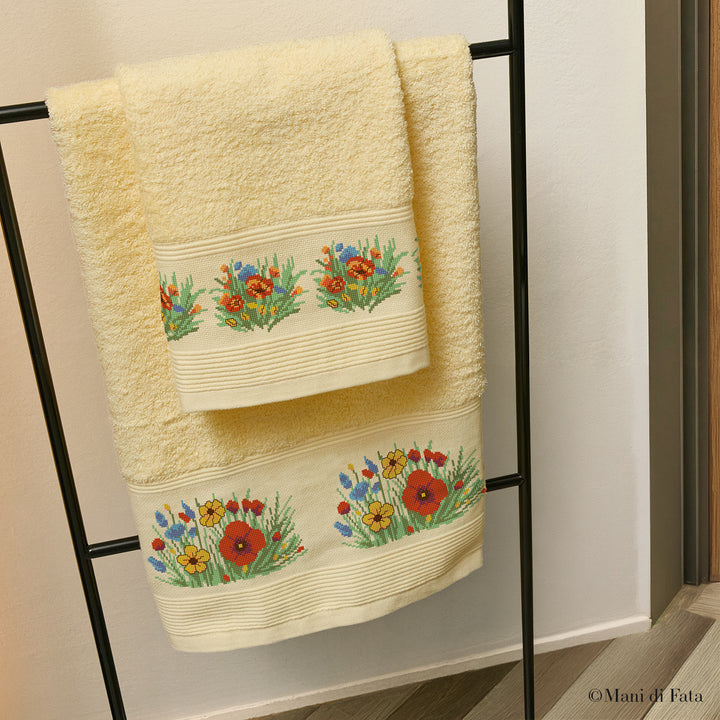 Kit parure spugna burano gialla Fiori di campo ricamo punto croce