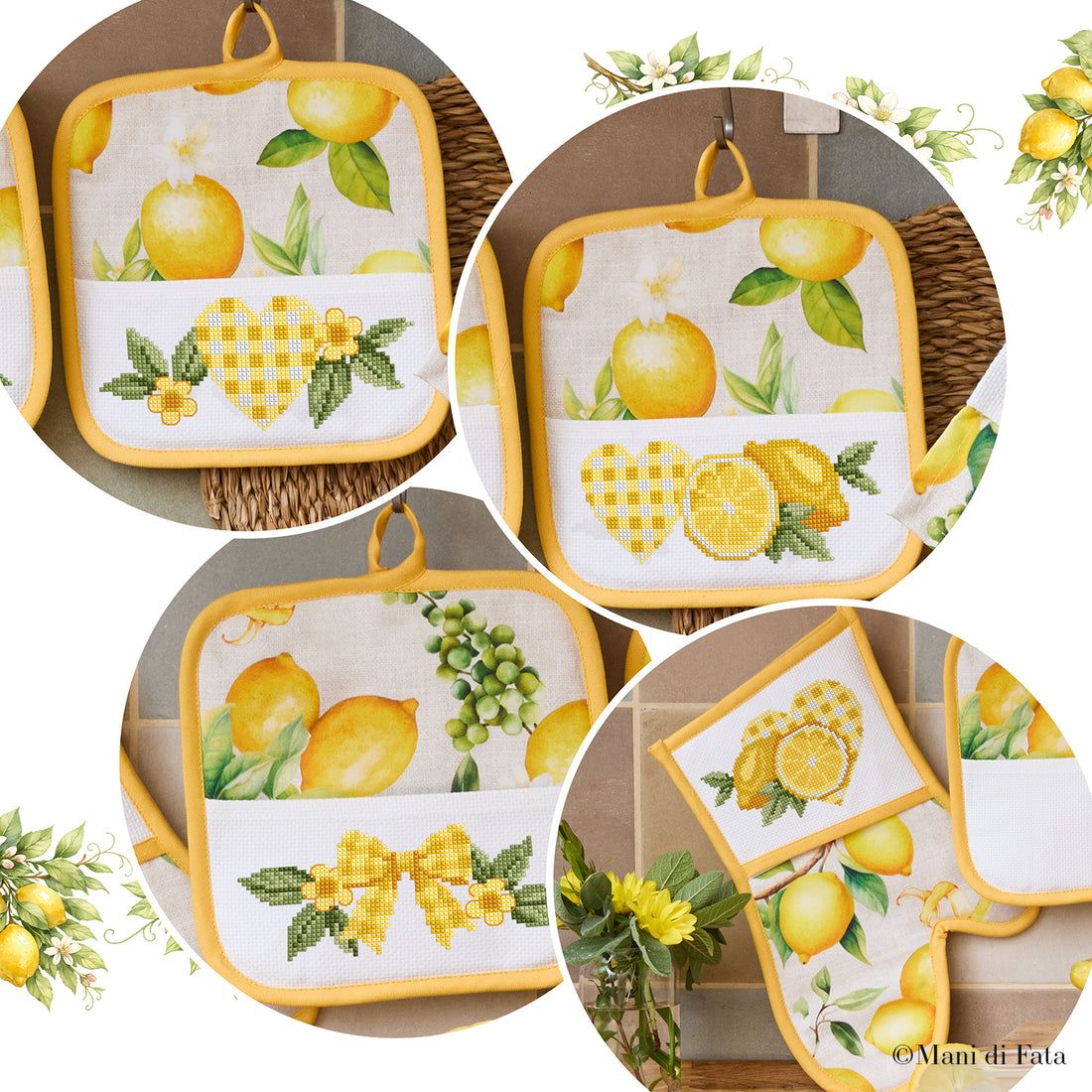 Kit guanto forno+ 3 presine Limoni, cuori, fiori e fiocchi a punto croce