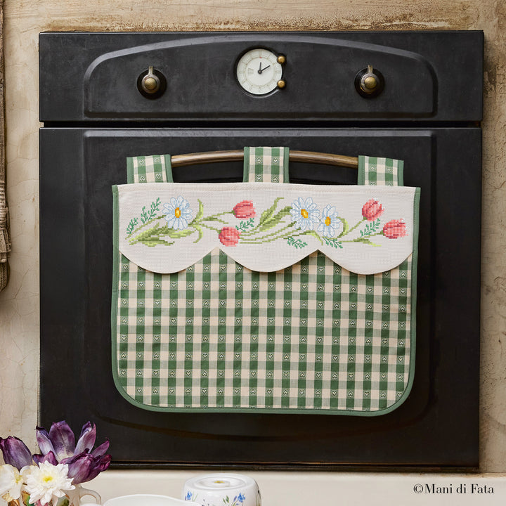Kit copriforno quadretti verde Margherite e Tulipani ricamo punto croce