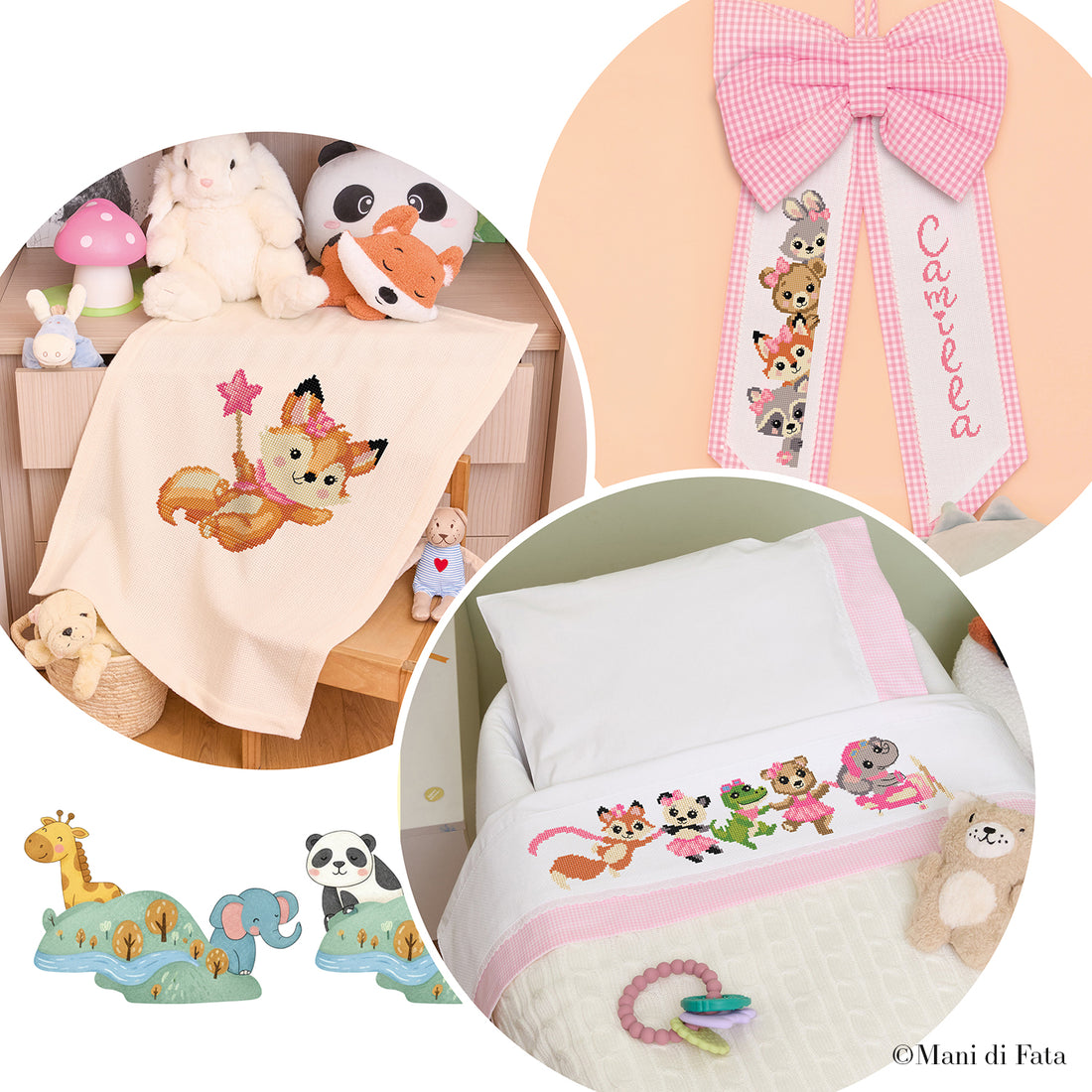 Kit lenzuolino, copertina e fiocco corredino vichy rosa ricamo punto croce