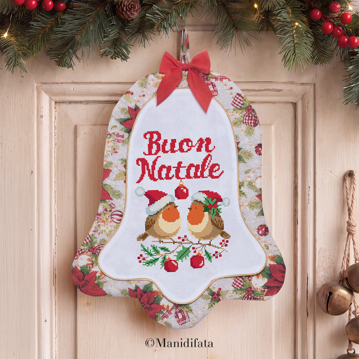 Kit fuoriporta campana stelle natalizie Pettirossi e Buon Natale punto croce