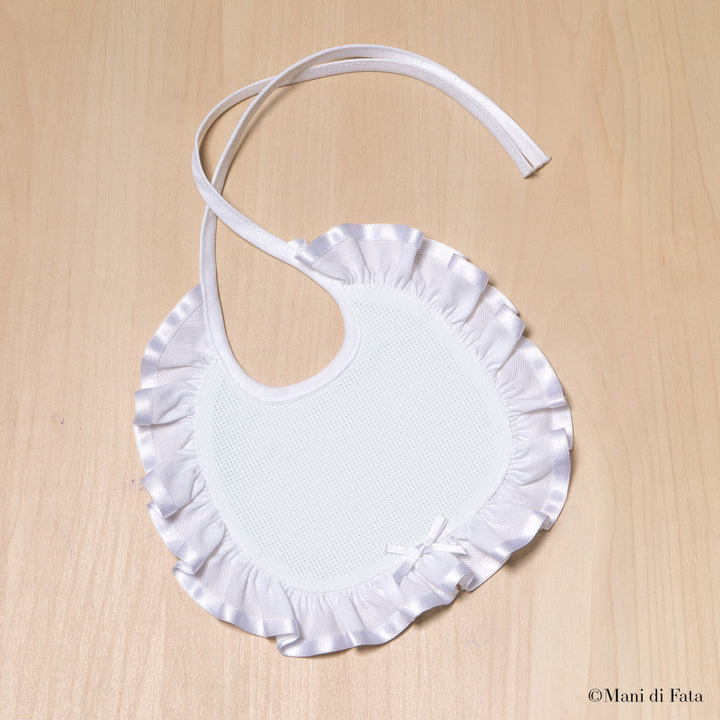 Bavetta tonda bianca con rouches ricamo punto croce