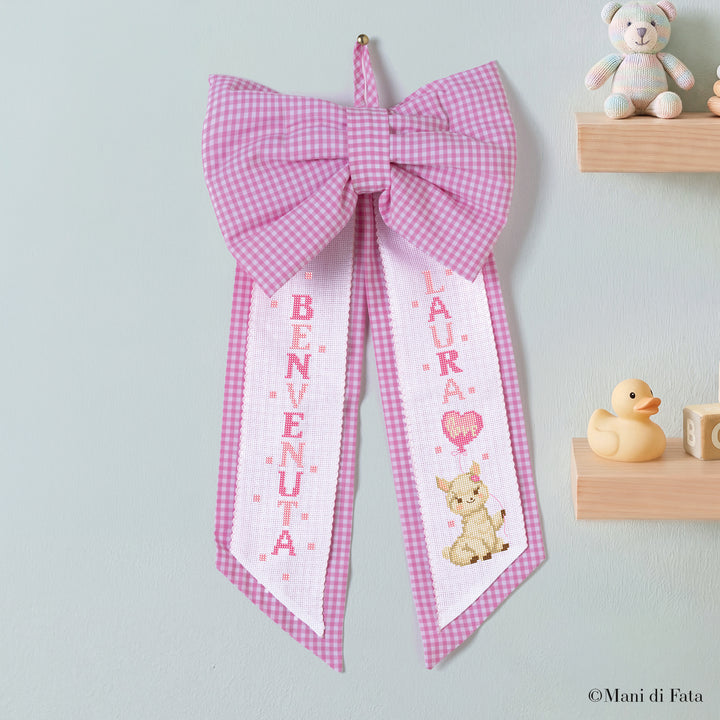 Kit fiocco cocche vichy rosa Lama ricamo punto croce