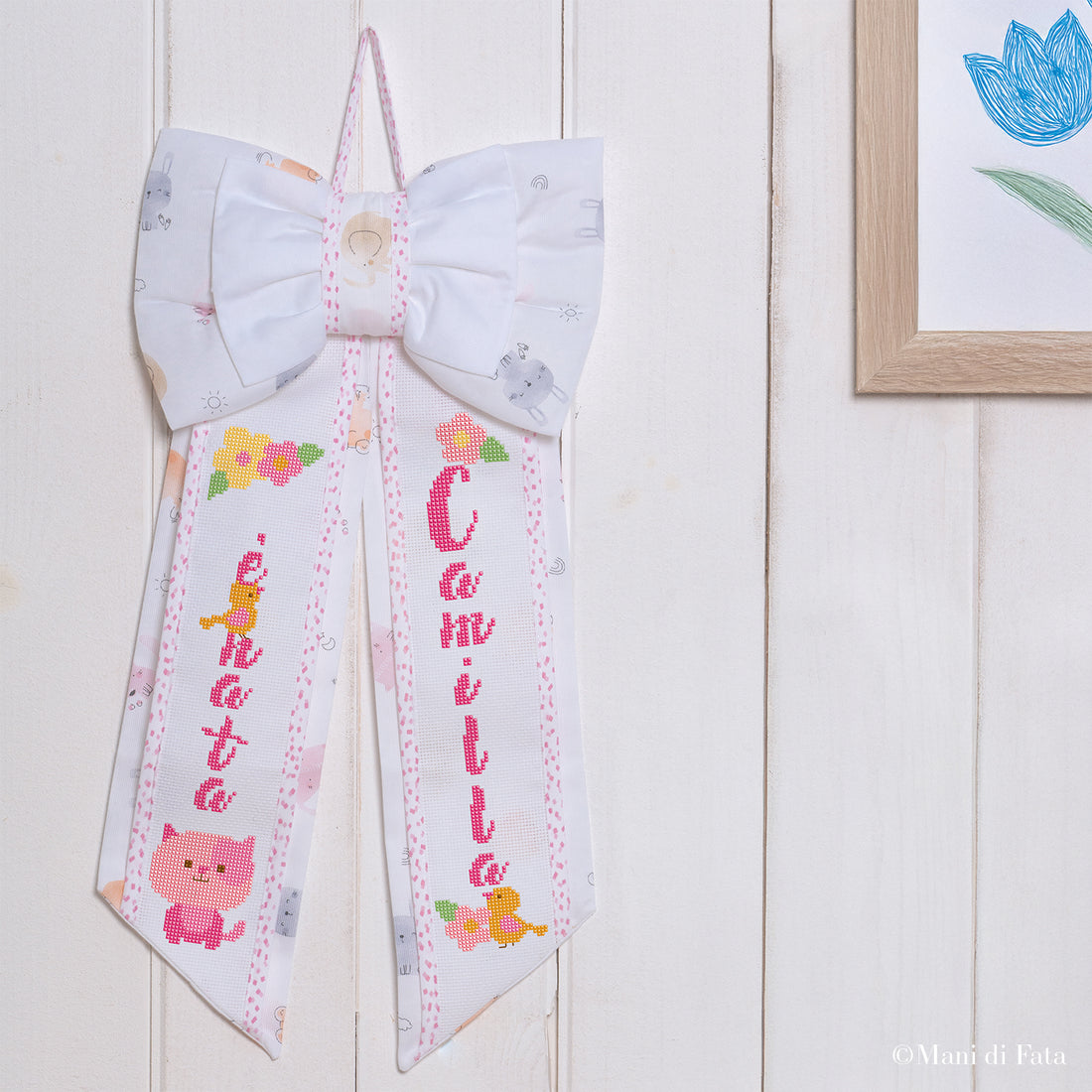 Kit fiocco nascita rosa con motivo animaletti e tela aida da ricamare a punto croce