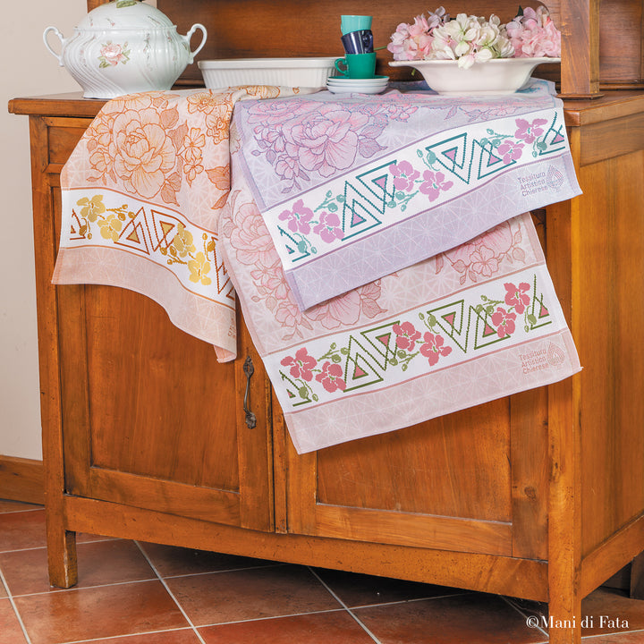 Kit asciugapiatti in cotone da ricamare a punto croce con orchidee arancio