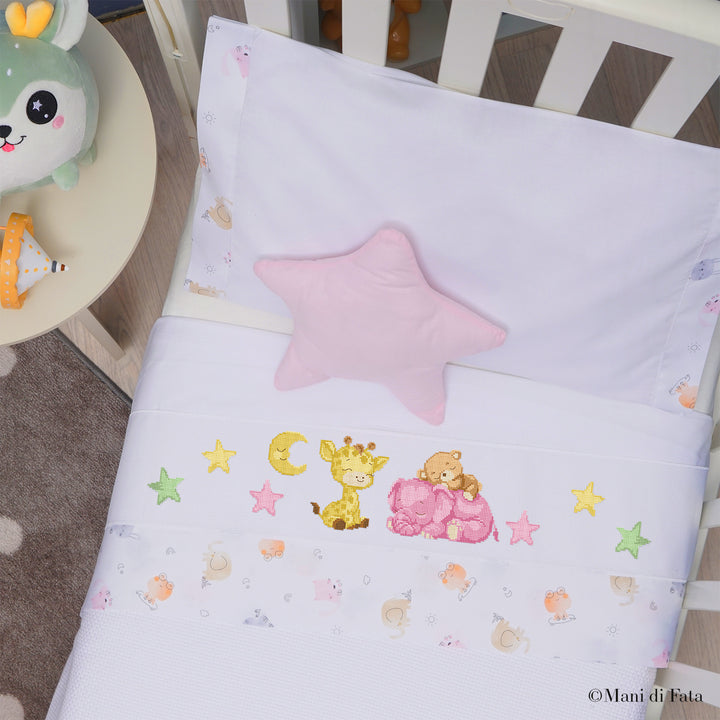 Kit lenzuolino lettino rosa Animaletti ricamo punto croce
