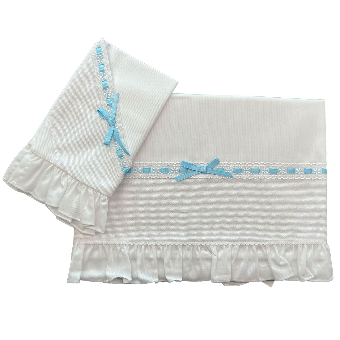 Completo culla ricamo punto croce e passanastro azzurro