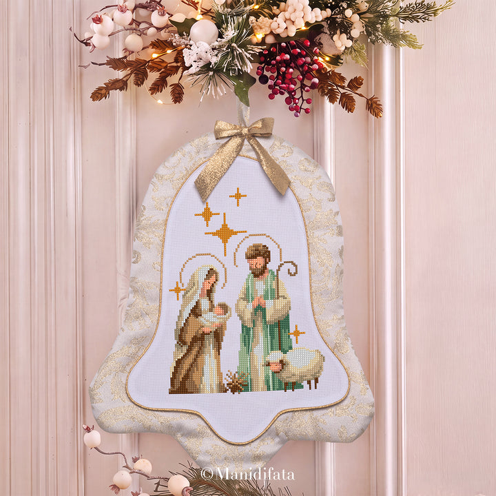 Kit fuoriporta campana jaquard oro Natività ricamo punto croce
