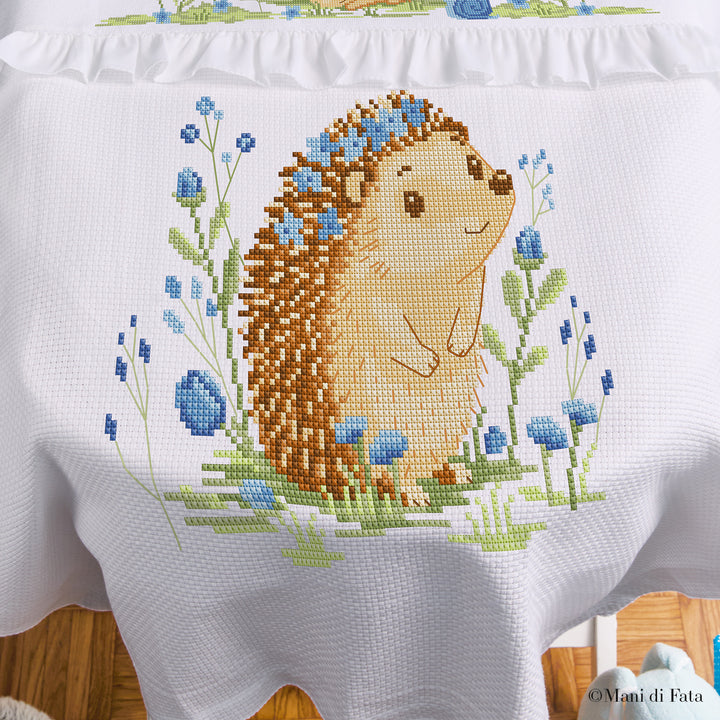 Kit copertina culla di cotone bianca Riccio azzurro punto croce