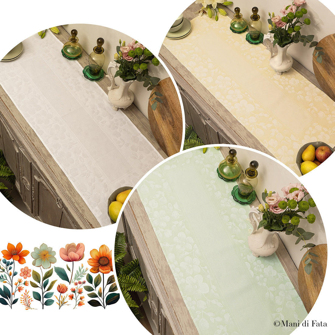 Runner in cotone Fiori ricamo punto croce